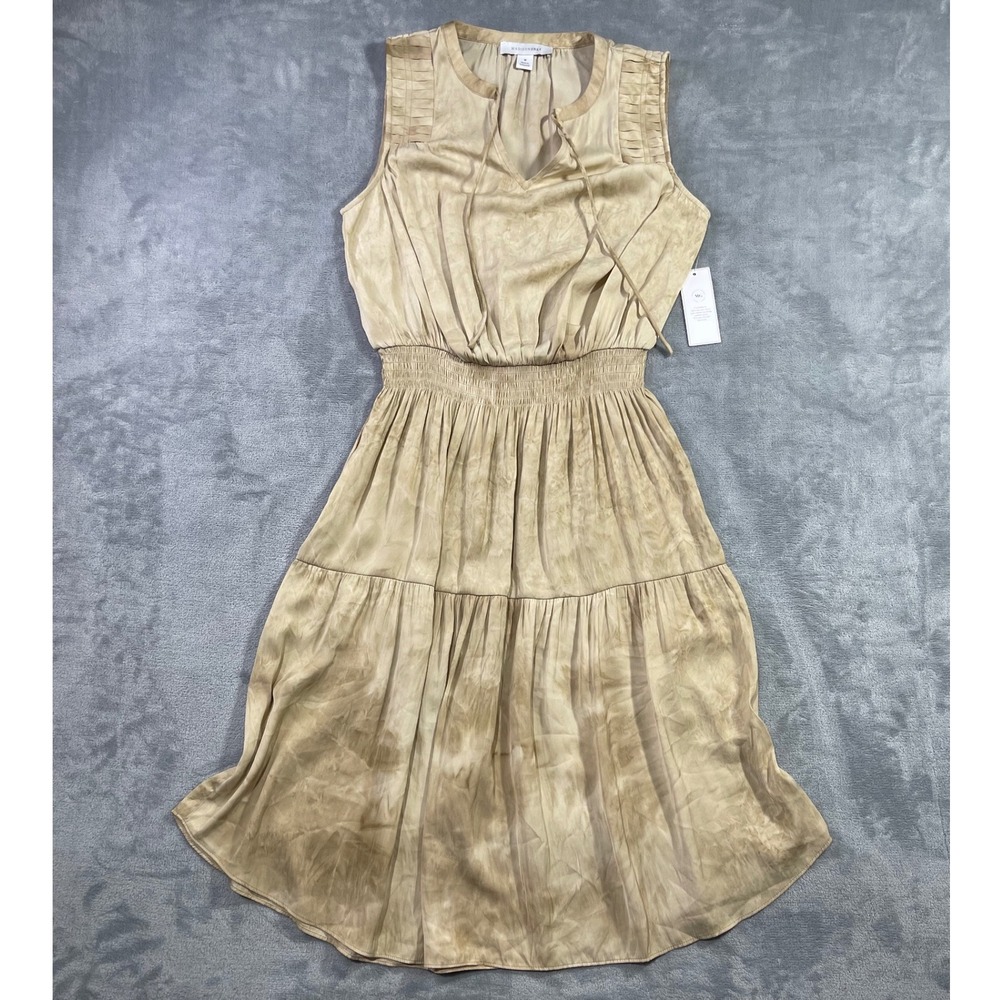Madison Grey Tan Tie Dye Smocked Waist Tiered Midi Dress WV02Y114 Womens Medium